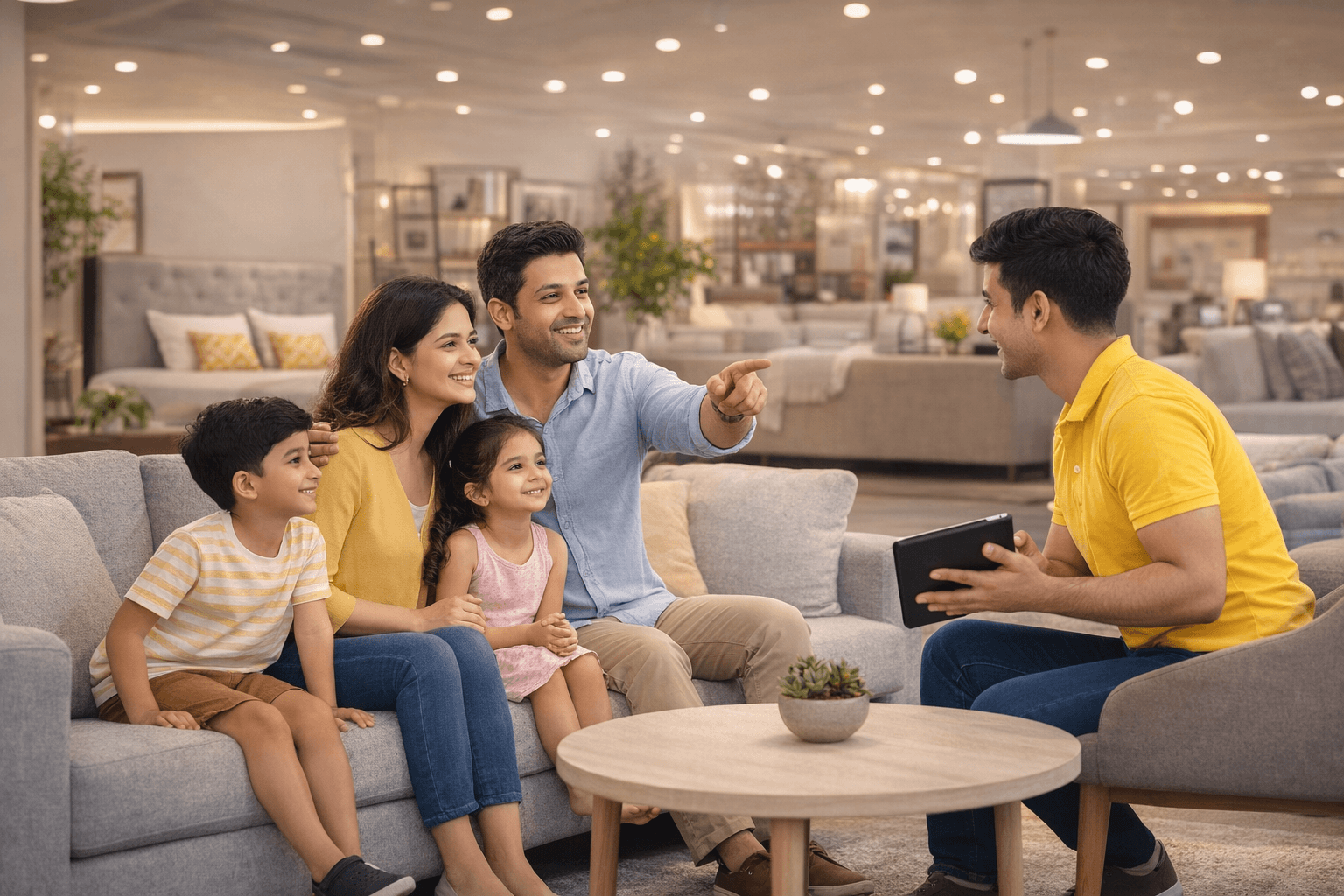 Happy family exploring our furniture store